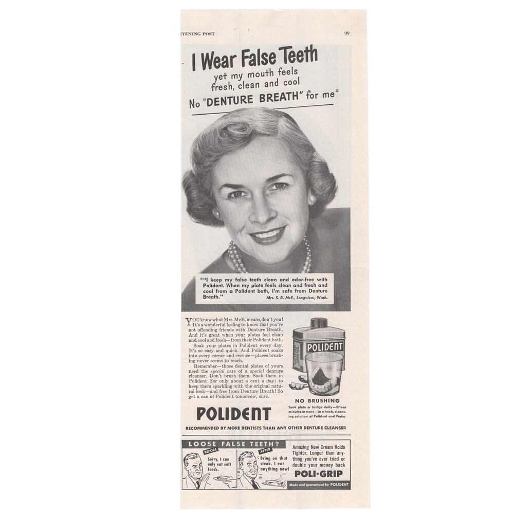 Polident Denture Cleaner / Freeman Shoe Advertisement 1950s Vtg Dental Fashion